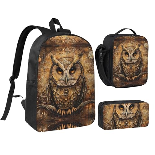 Sac à dos 3 en 1 chouettes avec boîte déjeuner et trousse scolaire noire pour la rentrée des classes