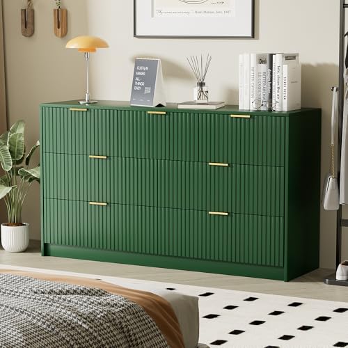 Image of Furniway Green Dresser for Bedroom, Modern Dresser with 7 Drawers and Smooth Slides, Wide Chest of Drawers with Golden Handles for Bedroom, Living Room, Closet, 15.7 inch D x 55.1 inch W x 31.4 inch H