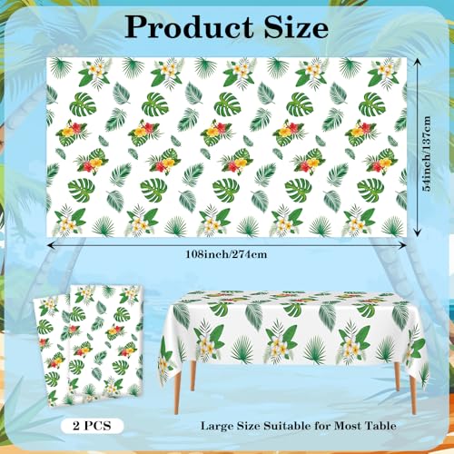 Image of Hawaiian Luau Tablecloths, Tropical Jungle Palm Tablecloth, 2 PCS 54 x 108 Inch Hawaii Leaf Disposable Plastic Rectangular Tablecover for Hawaiian Luau Birthday Summer Beach Party Decorations Supplies