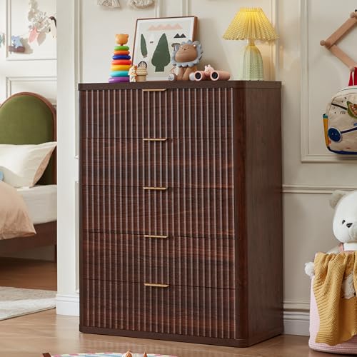 Image of LEYAOYAO Fluted 5 Drawers Dresser Set of 2, 41 inch Tall Modern Chest of Drawers with Metal Handle, Curved Profile Dresser TV Stand, Wooden Drawer Organizer for Bedroom, Living Room, Hallway, Walnut