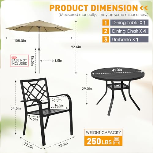 Image of SUNCROWN 6-Piece Outdoor Wrought Iron Chairs and Table Patio Dining Furniture Set - 4 Stackable Metal Chairs, 1 42 inch Round Bistro Table and 1 Brown 9Ft Patio Umbrella for Garden Backyard Deck