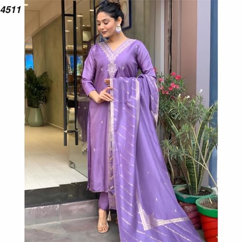 Image of ROYALICA Women's Kurta, Pant & Dupatta Set in Viscose Chanderi & Jute Silk, Ankle Length, 3 /4 Sleeve