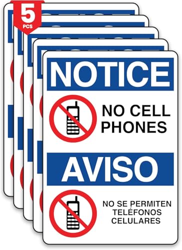 Image of 5 x No Cell Phones Bilingual Notice Sticker | 10 x 7 Inch No Phones Zone Warning Sign | Easy to Mount Vinyl Labels with Symbols | UV-Resistant, Waterproof, Self-Adhesive Signage for Business, Workplaces, Classrooms, Gas Stations