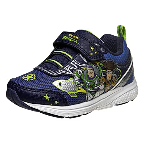 Disney Boys Toy Story Shoes – Buzz and Woody Laceless Light-Up Sneakers (Toddler/Little Kid), Navy and Green, 10