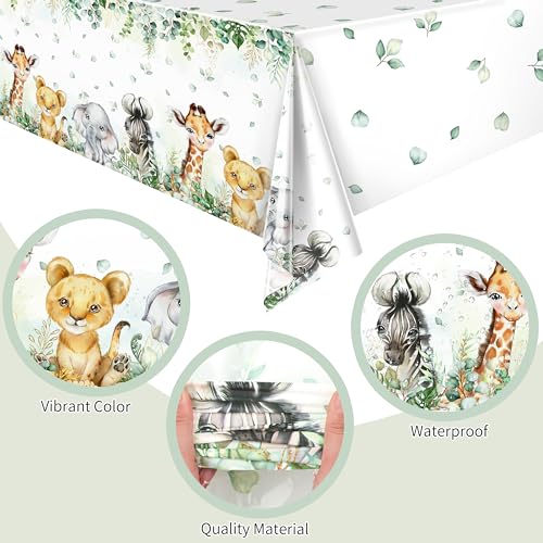 Image of TREWAVE 3 Pcs Jungle Safari Animal Tablecloths Wild Animals Plastic Table Cover Wild Creatures Printed Tablecloth for Boy Girl Baby Shower Birthday Table Decoration Supplies, 54 inch x 108 inch