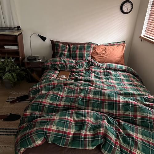 Image of MKXI Vintage Buffalo Plaid Duvet Cover Set 3-Piece | 100% Washed Cotton Reversible Bedding Green /Red Checkered Full Size with Zipper & Corner Ties Farmhouse & Shabby Chic Design