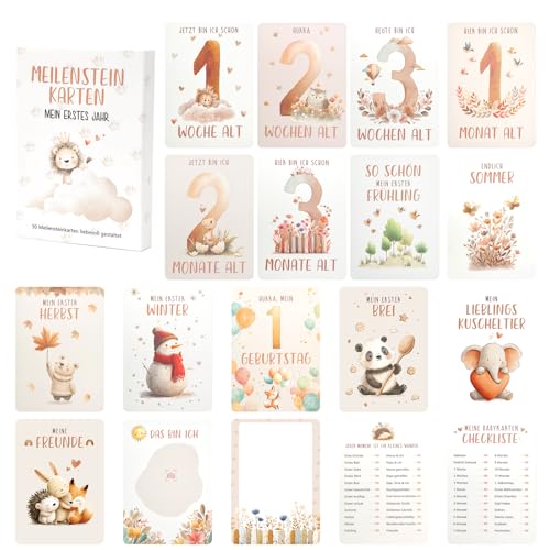 Nilnewuh Meilensteinkarten für Babys auf Deutsch, Mein Erstes Jahr Monatskarten-Geschenkset mit 50 Karten für Mädchen Jungen 1-12 Monate, Speziell Für Entwicklungskontrolle und Monatliche Babyfotos