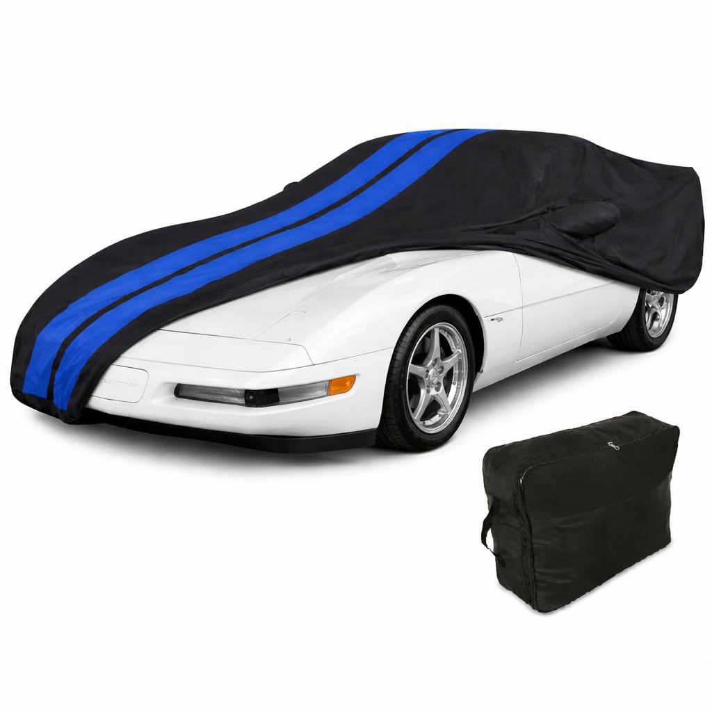 SR1 Performance USA C4 Corvette Car Cover - Custom Fit Outdoor/Indoor UV &amp; Rain Protection Ultraguard Plus 300 Denier High End for 1984-1996 Z51, GS, ZR1 Convertible, Hardtop (Black with Blue Stripes)