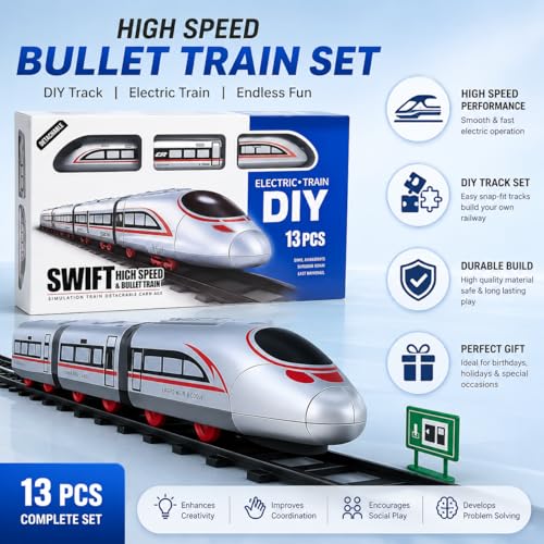 Image of Electric Bullet Train Toy Set with DIY Railway Track - 13 Pcs Battery Operated High Speed Simulation Train for Kids, Motorized Rail Playset Educational Birthday Gift for Boys & Girls