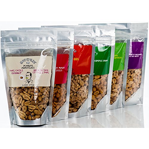 Spicy Peanut Mix - Bloody Mary Peanuts, Habanero Lime Peanuts, Thai Chili Coconut Peanuts, Southwest Jalapeno Cilantro Peanuts, Sweet Chipotle Peanuts, and Sriracha BBQ Peanuts by Nutzterz (6 Bags)