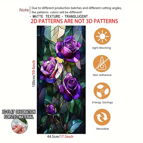 Image of Nuxovilar Frosted Stained Glass Purple Rose Window Film 17.7x39.4 PVC | Deep Purple, Gothic Cling rose flower sticker, privacy glass wrap for bedroom bathroom party room (Purple Rose)