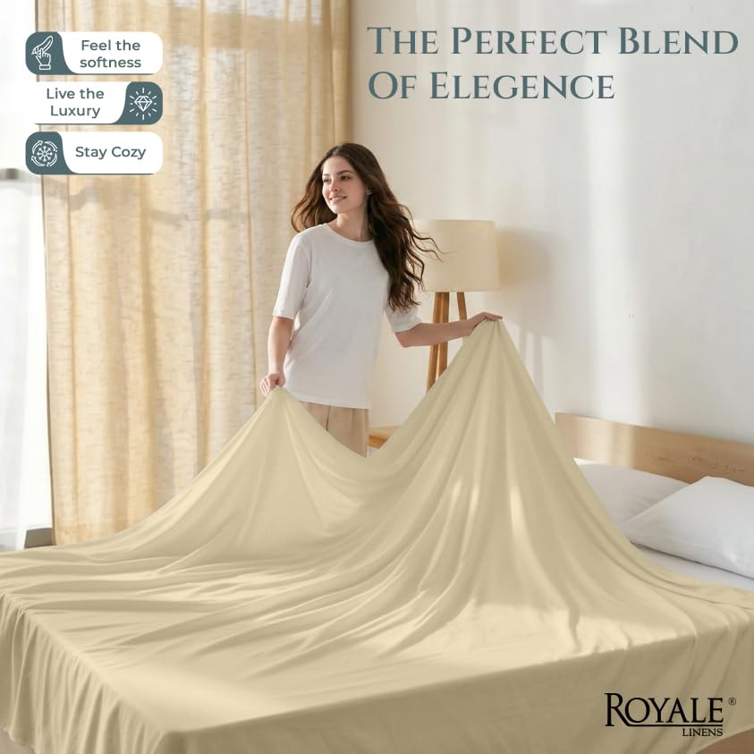 Image of Royale Linen 400 Thread Count 100% Cotton Flat Sheets Only - Cooling Sheets - Twin Top Sheet Sold Separately - Luxury Sateen Weave - Breathable & Super Soft White Flat Sheet Only (Twin, Moroccan Sand)