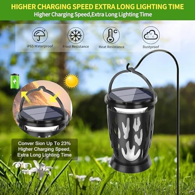 Flickering Flame Upgraded Solar Outdoor Waterproof Pendant Light , Decorative Solar Outdoor Lighting LED Patio Deck Flame Garden Lights, 2 Pack