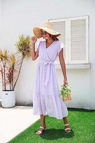 Image of VintageClothing Womens Sundress Casual Floral Summer Boho Dress | Flowy Wrap V Neck Ruffle A-Line Pleated Hem Midi Dresses