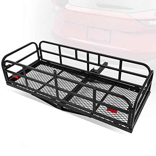 Auto Dynasty Universal Rear Fold-Up Tow Hitch Trailer Cargo Holder Carrier Basket with Red Reflector Compatible with 2 Inch Tow Receiver Car Model, Mild Steel, Black Powdercoated