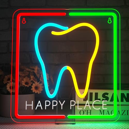 Image of Happy Place Neon Sign Tooth Colorful Wall Light Gift for Dentistry Decor