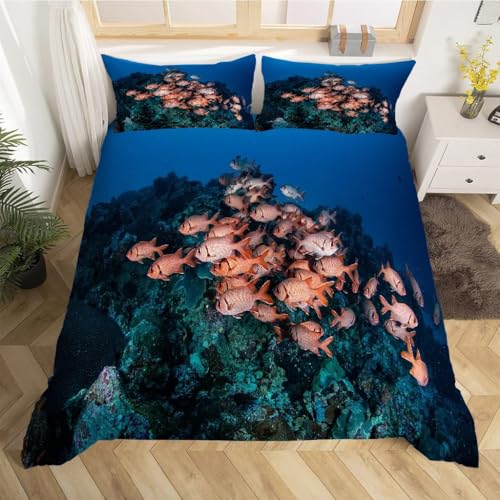 Housse de Couette 160x200 Microfibre Douce Parure Lit Fond de Mer - 3