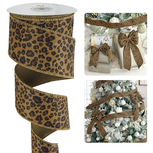 HUIHUANG Leopard Print Velvet Wired Ribbon 2.5 inch Animal Print Brown Velvet Ribbon for Christmas Tree, Bows Making, Wreaths, Garland, Crafting, Fall Decor-Continuous 10 Yards