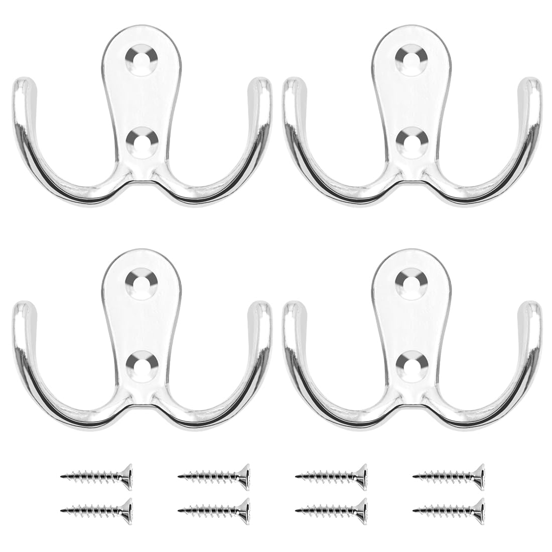 LICQIC Double Prong Robe Hooks, Dual Coat Door Hooks, Double Hook for Hanging Robe, Towel, Coat, Bag, Hat (Silver, 4 Pcs)