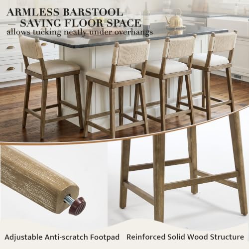 Butacos de barra para isla de cocina, set de 2 unidades, respaldo tejido y asiento tapizado en lino beige, estructura de madera natural cepillada, altura de asiento 26 pulgadas miniatura 6