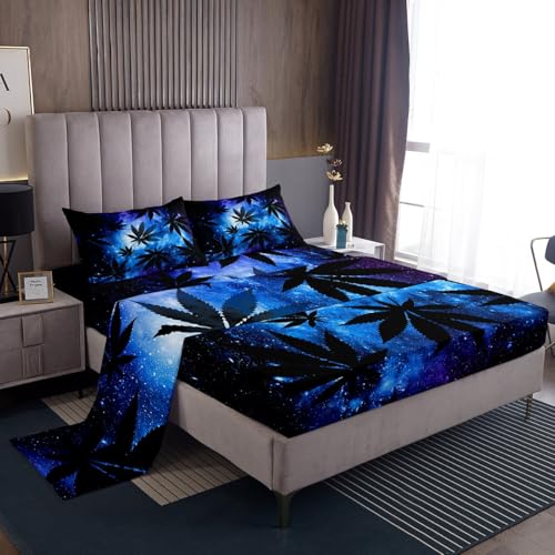 Feelyou Galaxy Space Bed Sheets Marijuana Leaf Sheet Set Botanical Weed Bedding Hemp Fitted Sheet King Size Includes 1 Sheets & 1 Flat Sheet & 2 Pillowcases