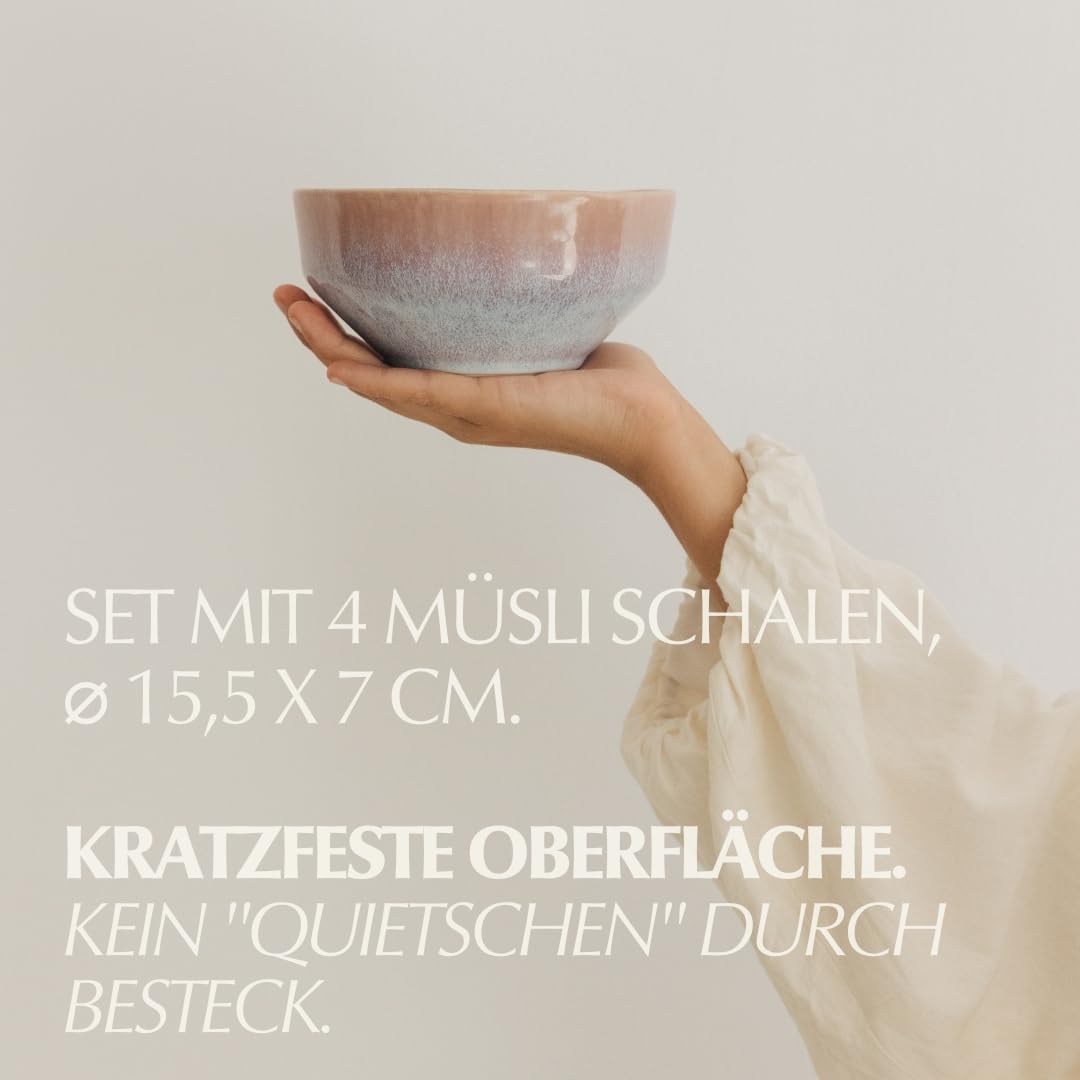 Keramik Müslischale 4er Set I Handgefertigtes Steingut-Geschirrset I Hochwertige Keramikschalen I Salatschüsseln Bowl Set I Langlebig & Spülmaschinenfest I Modernes Design I 15,5 x 7 cm