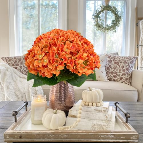 Image of 2 Bunches Fall Hydrangea Artificial Flowers for Outdoor, 17.71 inch Orange Silk | Outdoor Silk Flowers UV Resistant Realistic, Hydrangea Floral for Porch Indoor Table Centerpieces Wedding Party Decorations