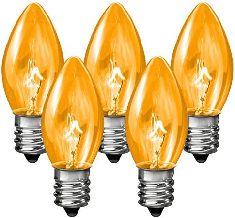 Birsppy 25 Pack - C7 - Transparent Amber - Double Dipped - 7 Watt - Christmas Light Replacement Bulbs - Candelabra Base - 130 Volt