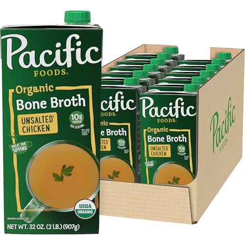 Pacific Foods Organic Unsalted Chicken Bone Broth, 32 oz Carton (Pack of 12)
