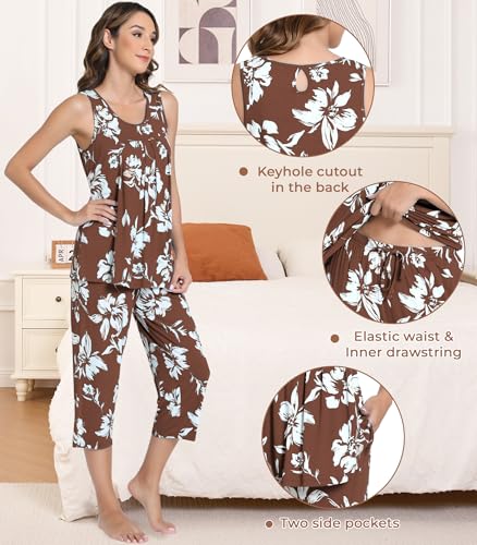 Image of NACHILA Pajamas for Women-Viscose Made from Bamboo, Sleeveless Pjs Tank Top Capri Pants Pajama Sets Cooling Sleepwear