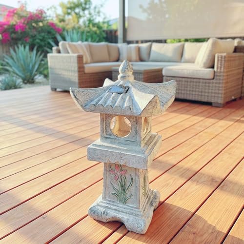 GRASOLAR 23.6’’High Asian Orchid Pagoda Statue Solar-Powered LED Light Miniature Tower Lantern Garden Decoration Figurines Solar Lamp Outdoor Japanese Decoration Zen Courtyard Landscape by GRASOLAR - Image 6