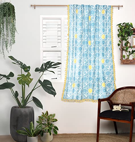 Image of Tranquebar Curtain Co. Window Curtains 5 Feet, 60-65% Room Darkening, Blue Geometric Print, Cotton Curtains for Window, Boho Curtains For Living Room With Tassel Lace, BackTab, Anya (152 cm) - 1 Piece
