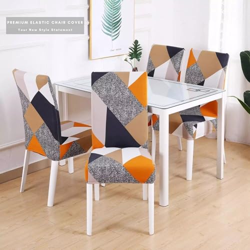 Image of Stretchable Dining Chair Cover - Washable, Removable, Anti-Slip, Protector, Universal Fit (Set of 6, Orange Prism)