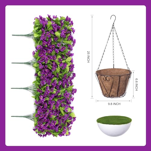 Image of Ammyoo Artificial Faux Hanging Flowers Basket for Spring Outdoor Decor | Fake Silk Colorful Morning Glory Eucalyptus in Planter UV Resistant Look Real for Summer Home Balcony Porch Yard(Darkorchid)