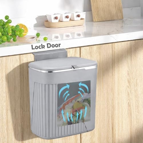 Image of Kriva Hanging Trash Can for Kitchen Cabinet Door with Lid | Small Under Sink Garbage Can Trash Bin for Bathroom,Wall Mounted Counter Waste Kitchen Dustbin, 1 Pc (Grey)