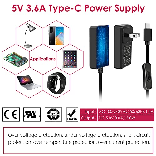 Image of GeeekPi 18W 5V 3.6A Power Supply for Raspberry Pi 4 /Orange Pi 5&5B, Type C with ON /Off Switch and Micro USB Adapter