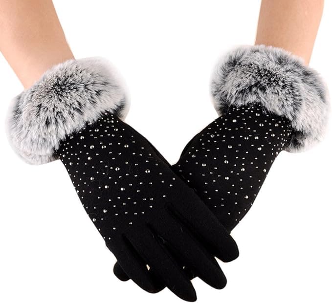 Tomorrow Women's Winter Gloves Soft Warm Touch Screen Gloves for Cold Weather Windproof Covered Finger Faux Fur on The Inner for Cold Weather Women Cute Design Plush Fur Cuff Stone Crafted (Black)