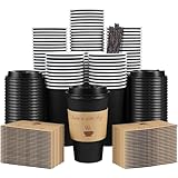 Clawsoff 100 Pack 16 oz Coffee Cups with Lids, Disposable To Go Paper Coffee Cups with Sleeves and Stirring Sticks for Hot/Cold Drinks Office Home Shop Event (Black)