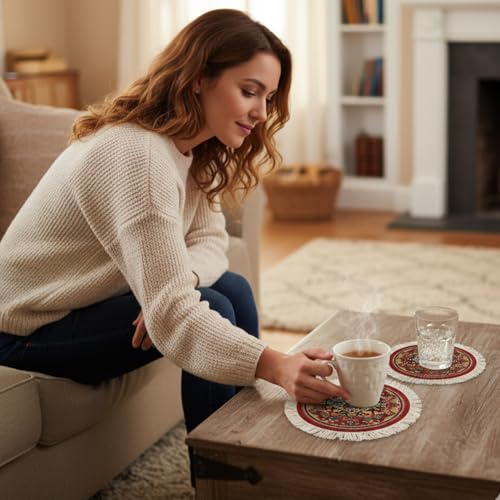 Image of Carpet Coasters, Set of 4 Turkish Rug Style Table Drink mats, Absorbent Kitchen and Dining Accessories, Spill & drip Protection, Round