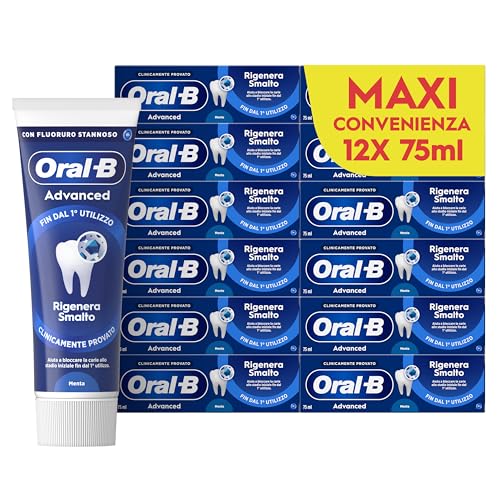 Oral-B Dentifricio Advanced Rigenera Smalto 12x75ml, Dentifricio Formato Convenienza, Clinicamente Provato, Pulizia Denti Efficace, Alito Fresco, Extra Freschezza Sapore Eucalipto