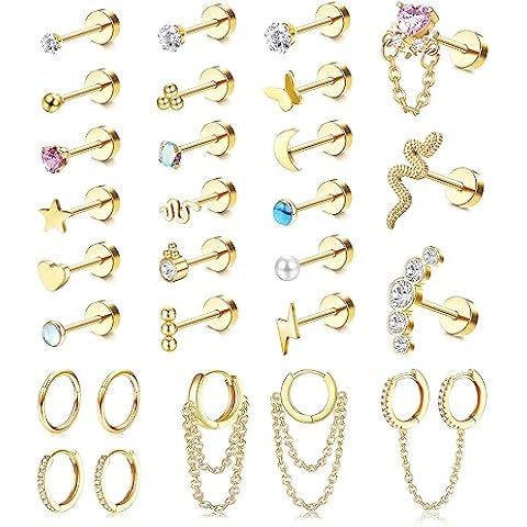 LOYALLOOK 14K Gold Plated Cartilage Stud Earrings and Hoops Set Stainless Steel Conch Helix Tragus Flatback Stud Earrings Dangle Chain Huggie Hoop Earrings Set for Multiple Piercing Gold Tone Cover