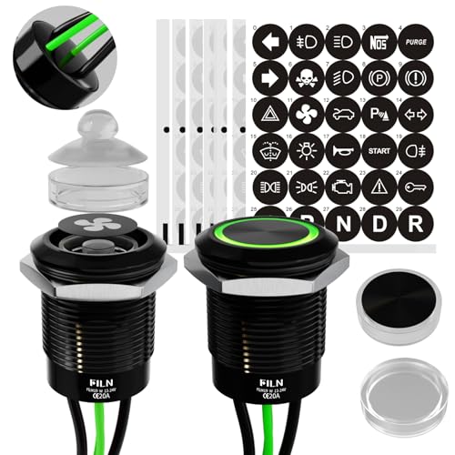 Image of 2-Pack 19mm Momentary Push Button Switch IP67 20A 12V-24V Green | Zink Aluminium 180 replaceable symbols for car truck motorcycle boat horn light fan pump control pre-wired easy install
