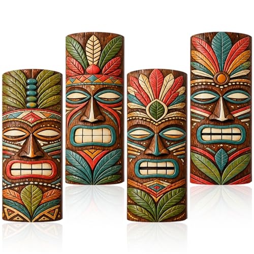 Soulchen 4 Pcs 11.8 Inch Wooden Tiki Masks Tiki Totem Hanging Decor Island Tropical Polynesian Hawaiian Luau Bar Party Wall(Tribal Leaf)