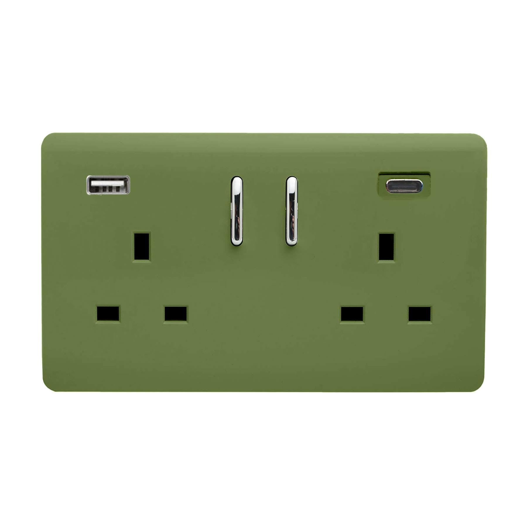 Trendi Switch Moss Green Trendi 2 Gang Artistic Modern Glossy 13 Amp 2 X Type A & C 3.1A Usb Switched Plug Socket