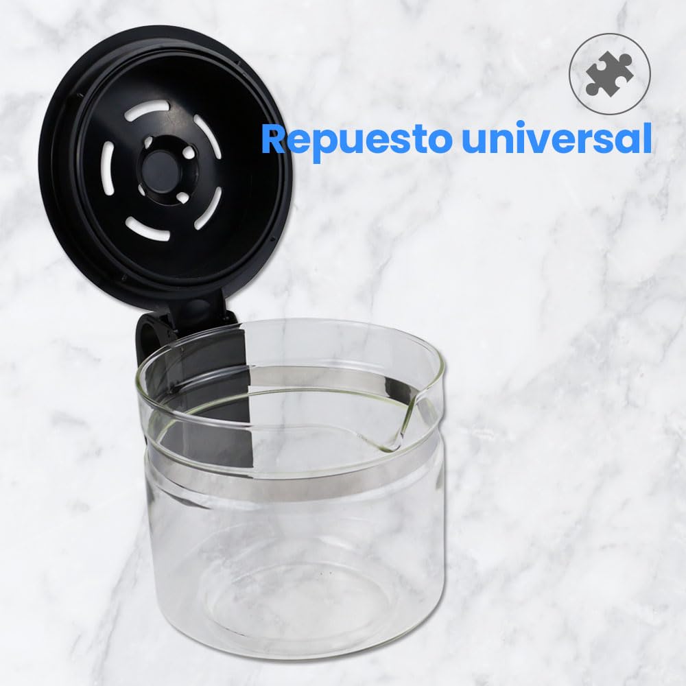 Anakel Home Jarra Cafetera Universal Grande Compatible con Cafetera Americana o de Goteo Eléctrica | Vidrio, Tapa Antigoteo, Altura Regulable 12,5-15 cm, 900ml | REVISAR MEDIDAS