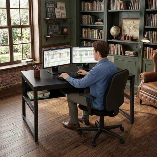 Image of Study Table for Home | with Under-Desk Storage Shelf | Wooden Industrial Computer Table for Home Office & Gaming | Rustic Wood & Black Metal Frame | Black | 120 x 60 x 75 cm