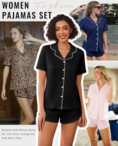Image of Ekouaer Pajamas for Women Set Button Up Sleepwear 2 Piece Pjs Lounge Set Short Sleeve Nightwear