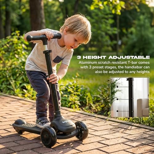 Image of Baybee Zyro Kick Scooter for Kids | 3 Wheel Kids Scooter with 3 Height Adjustable & LED Lights | Skate Scooters with Music & Foot Brake | Indoor Outdoor Toddler Scooters for 2 to 10 Years (Black)