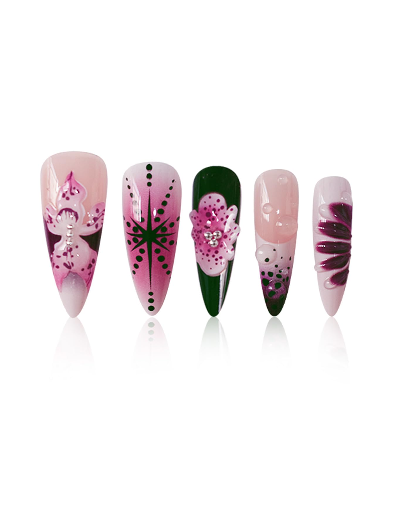 Long Press on Nails Stiletto Fake Nails French False Nails Brown Artificial Nails with Pink Flowers Designs Leopard Handmade Nails 3D Floral Stick on Nails for Women 24pcs: B01-18