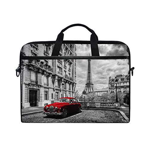 14 Zoll Laptop-Tasche, Eiffelturm mit Retro-Auto, Leinenstoff, Laptoptasche, Bussiness Handtasche mit Schultergurt für Damen und Herren